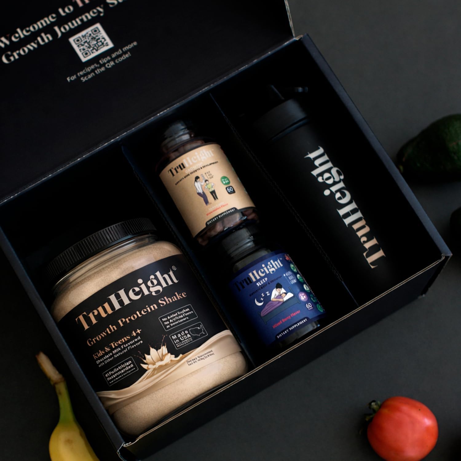 TruHeight scoop y caja detalle que demuestra contenido y dosificación