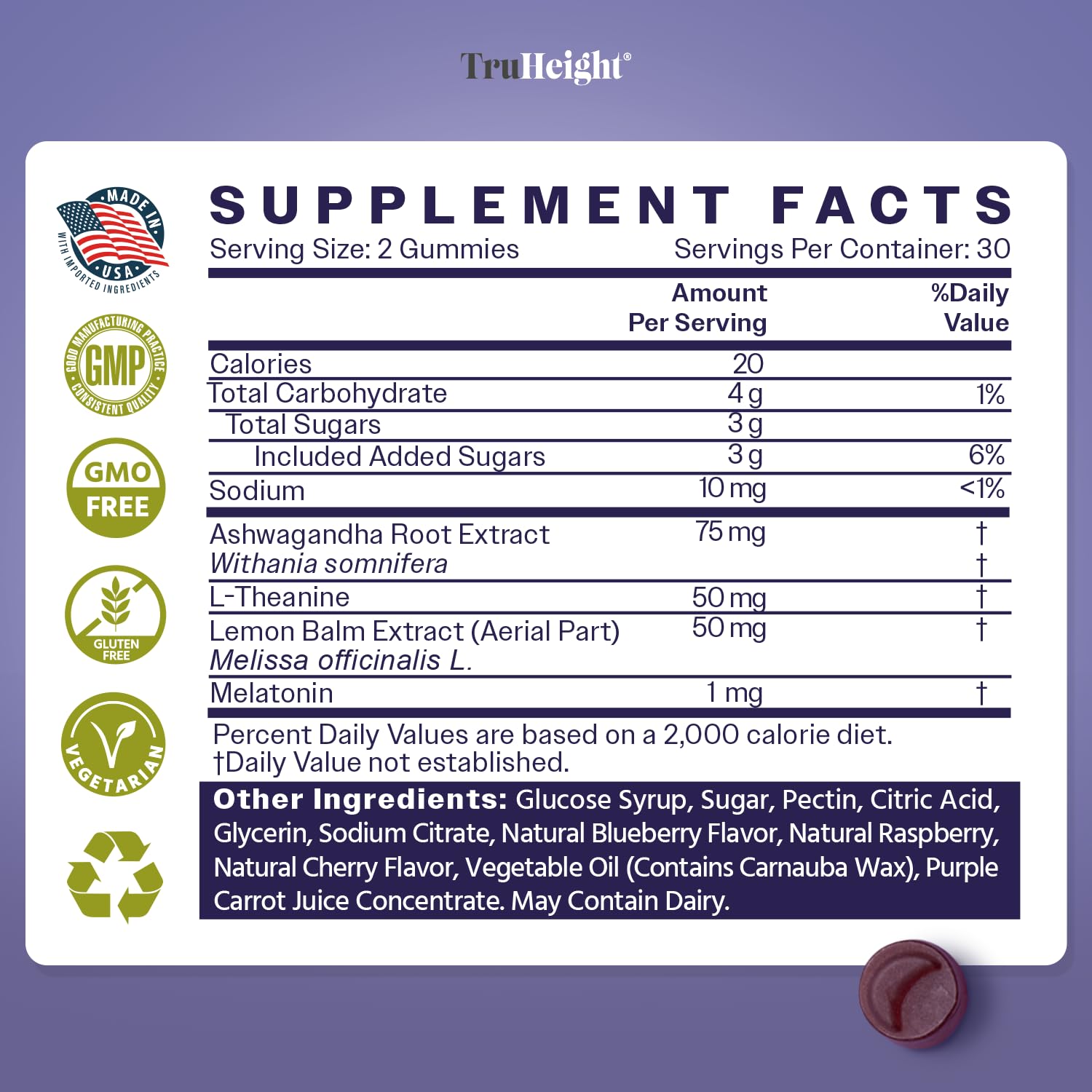 TruHeight etiqueta con información nutricional y fabricación GMP