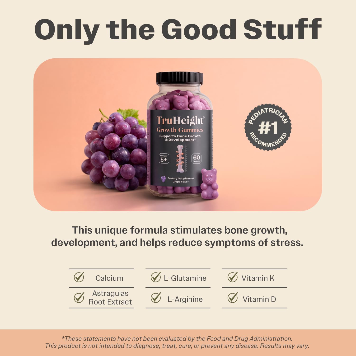 TruHeight etiqueta con ingredientes destacando calcio y vitaminas D K