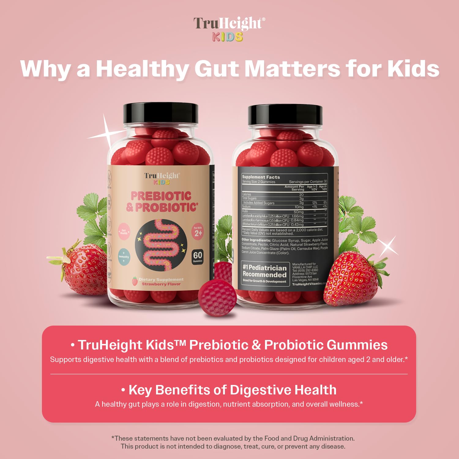 TruHeight etiqueta de ingredientes con detalles de prebióticos y probióticos