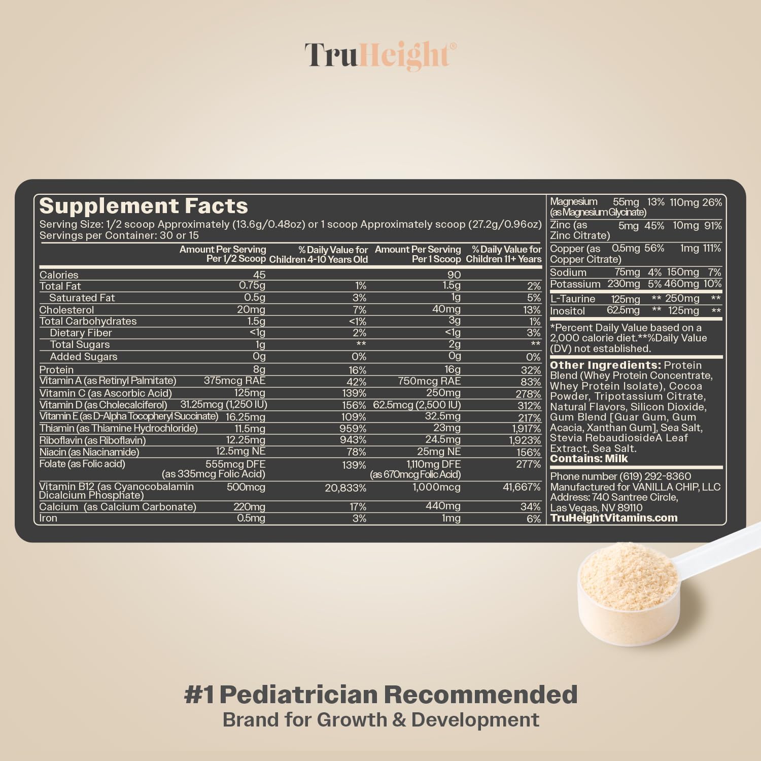 TruHeight etiqueta nutricional en primer plano mostrando vitaminas y proteínas