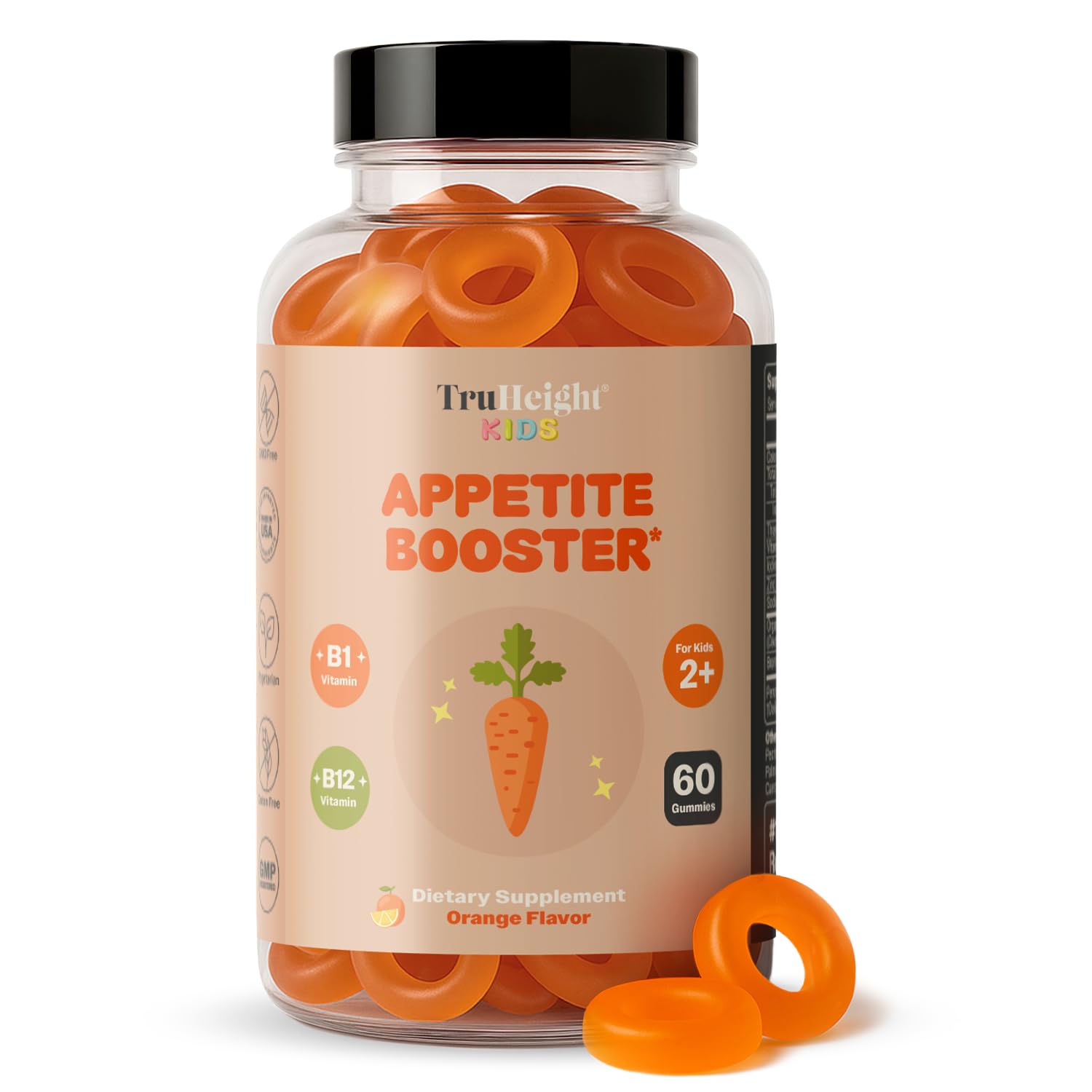 TruHeight envase frontal con gomas sabor naranja y fácil dosificación