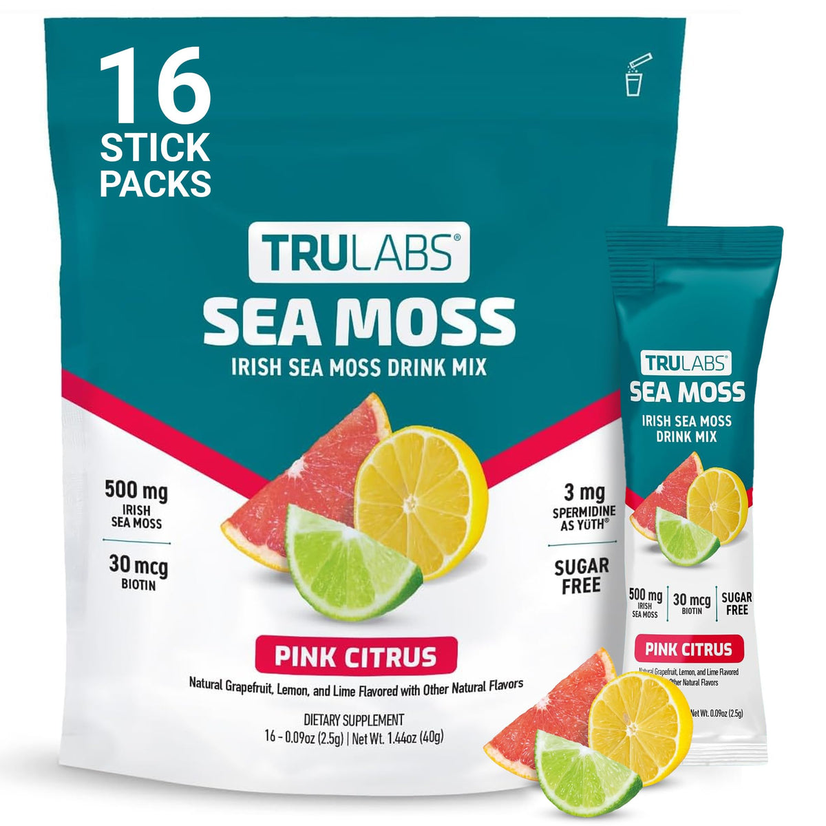 TRULABS empaque frontal Pink Citrus mostrando 16 sobres y beneficio de conveniencia