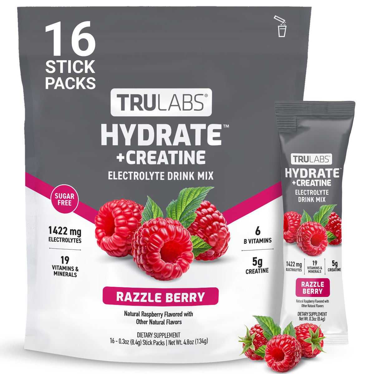 TRULABS frente del empaque mostrando sticks y beneficio de portabilidad