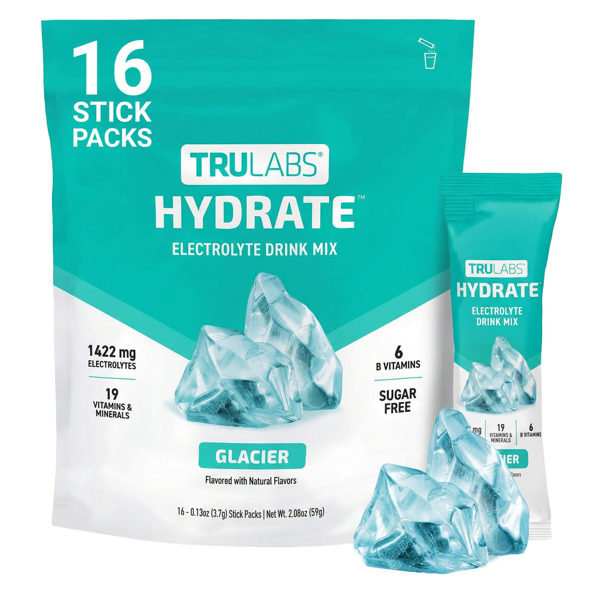 TRULABS empaque frontal mostrando sobres y beneficios de hidratación