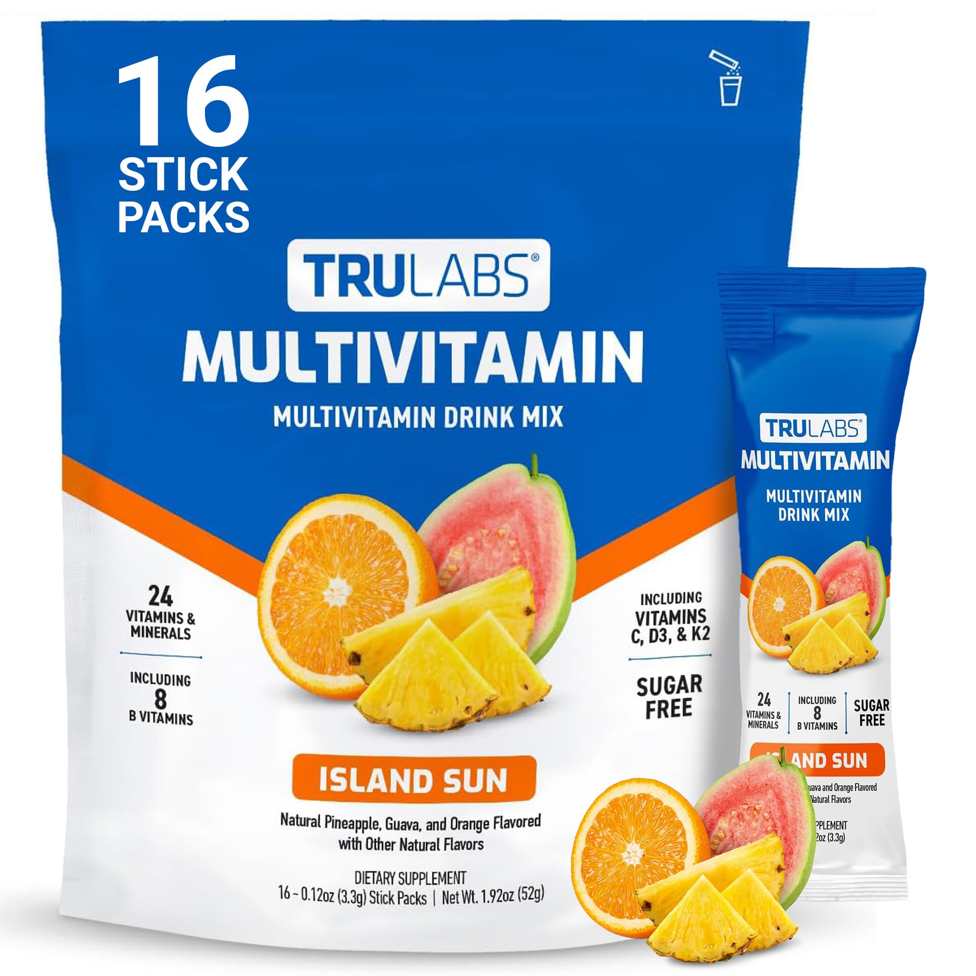 TRULABS empaque frontal Island Sun mostrando 16 sobres, aporta conveniencia diaria