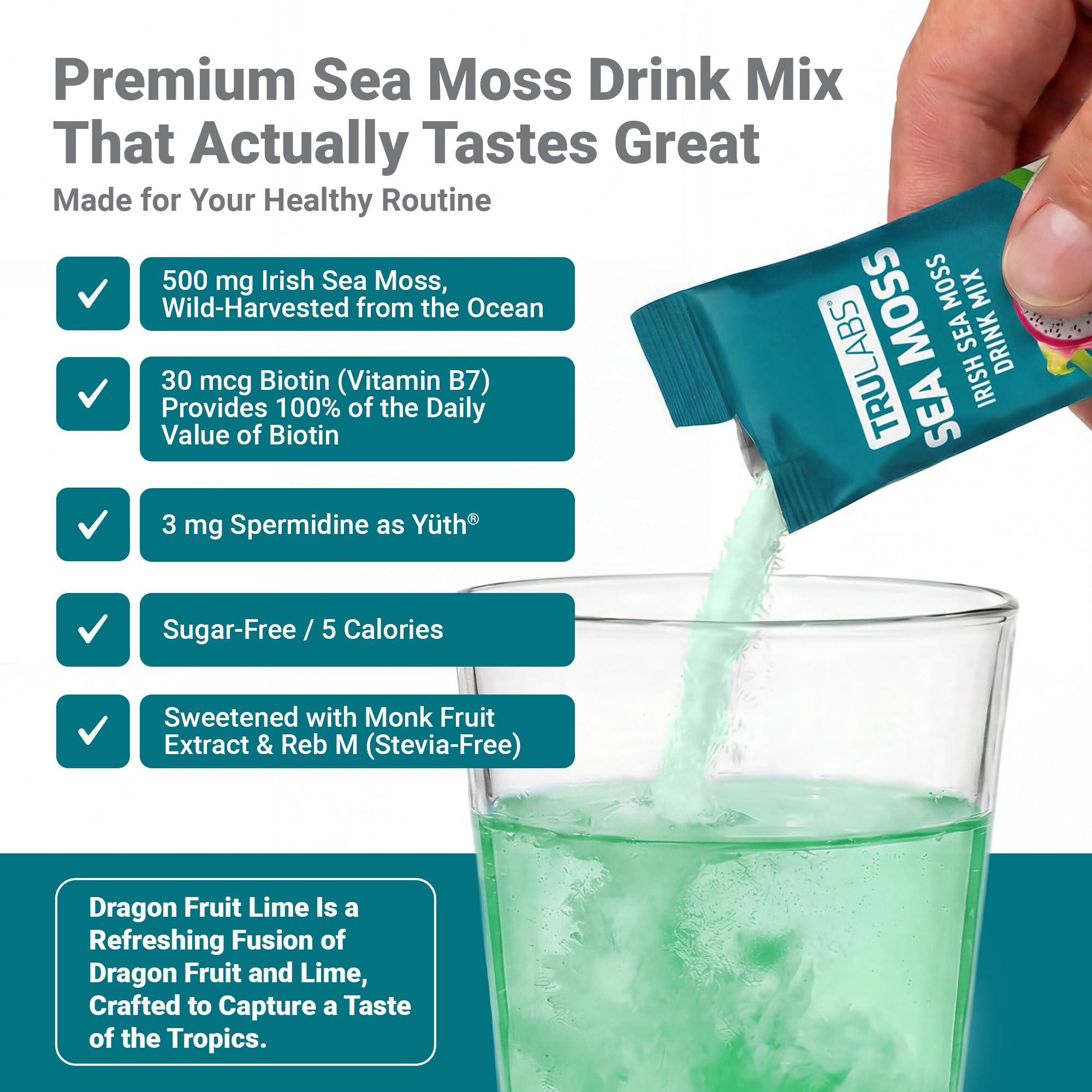 TRULABS polvo de sea moss en primer plano mostrando textura fina