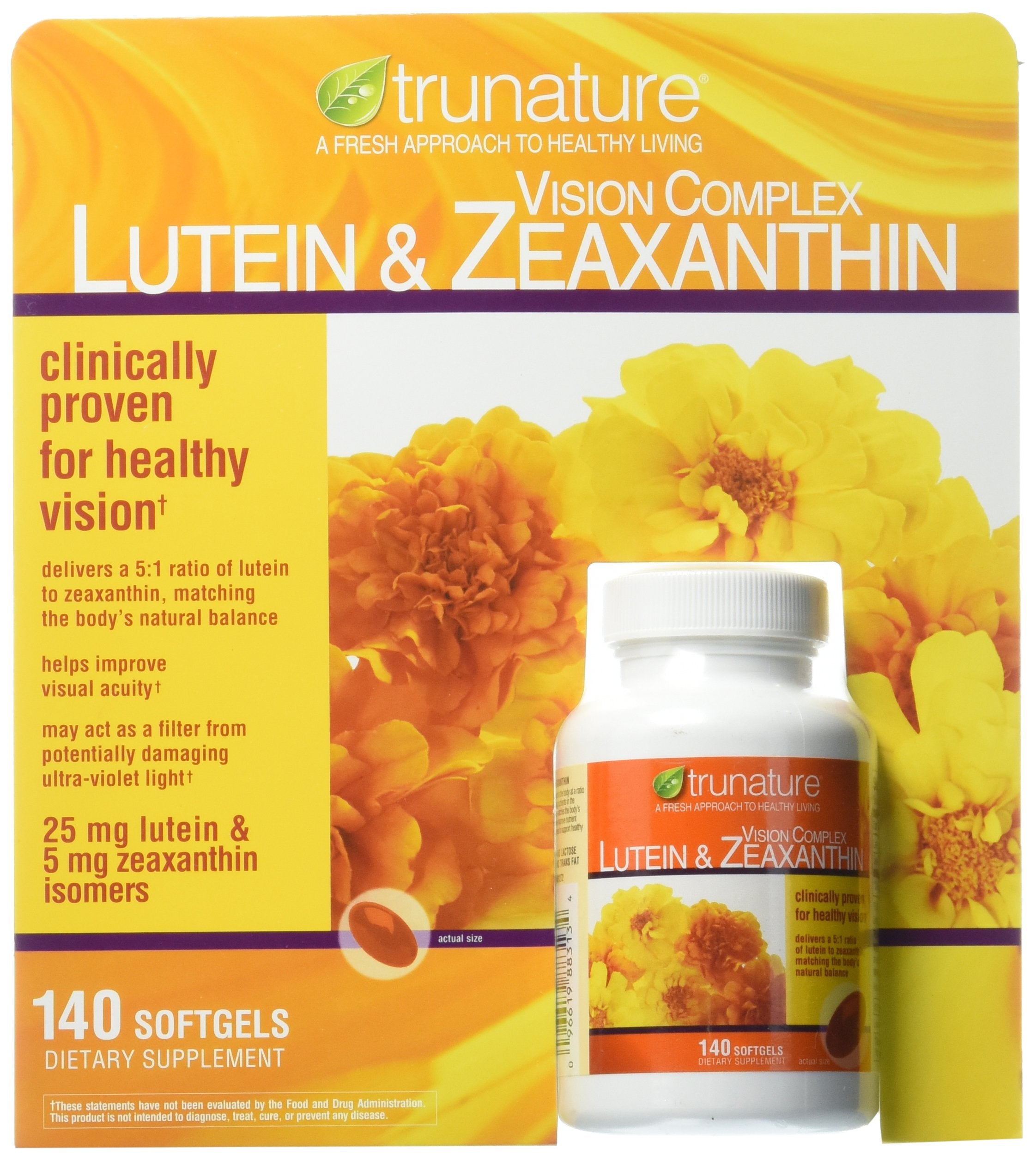 TruNature frasco de 140 softgels mostrando etiqueta frontal y ventajas de dosificación