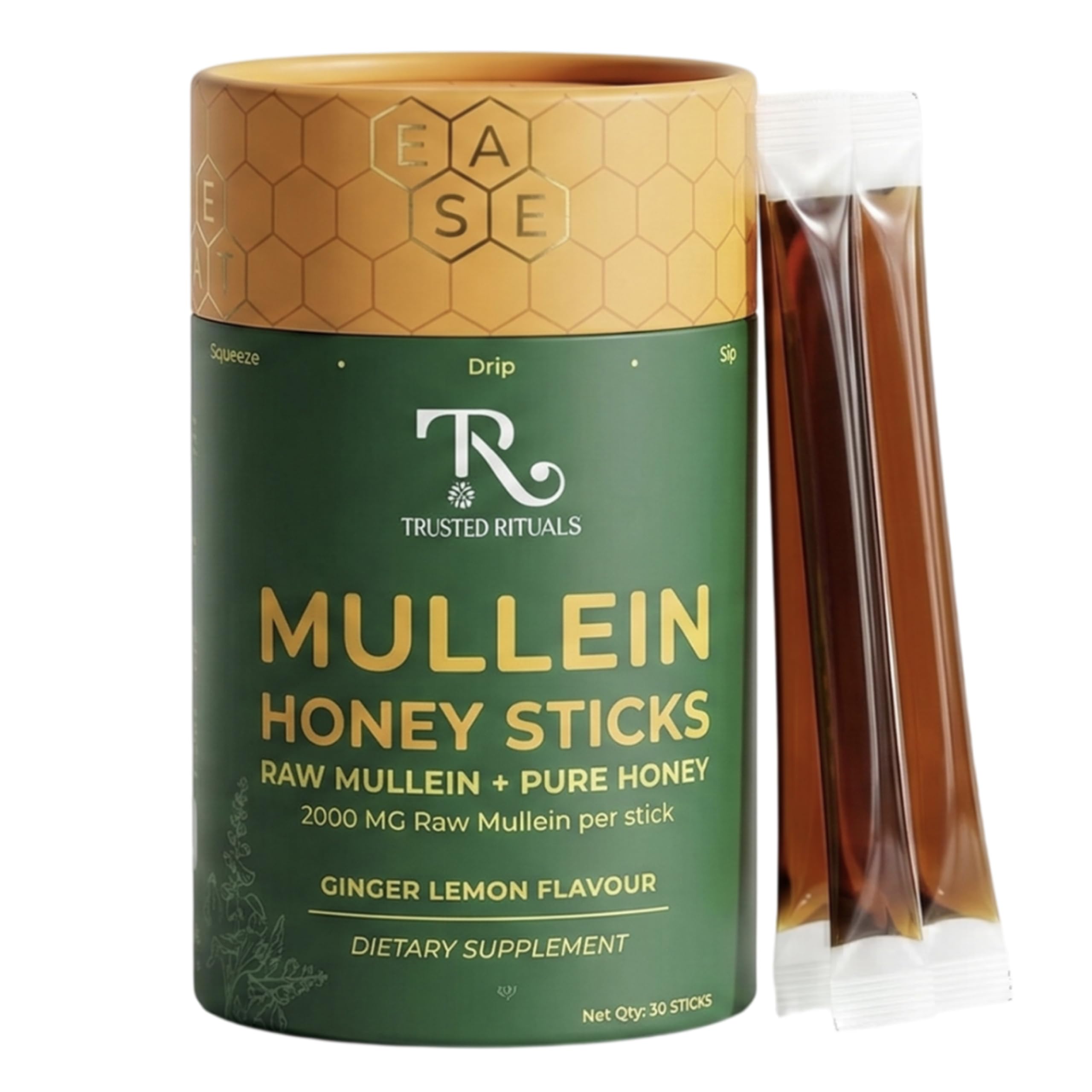 Trusted Rituals palitos frontales mostrando envase y 30 unidades, práctico y portátil
