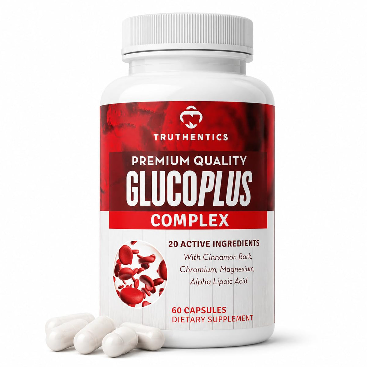 TRUTHENTICS empaque frontal de GlucoPlus mostrando ingredientes clave y beneficio metabólico