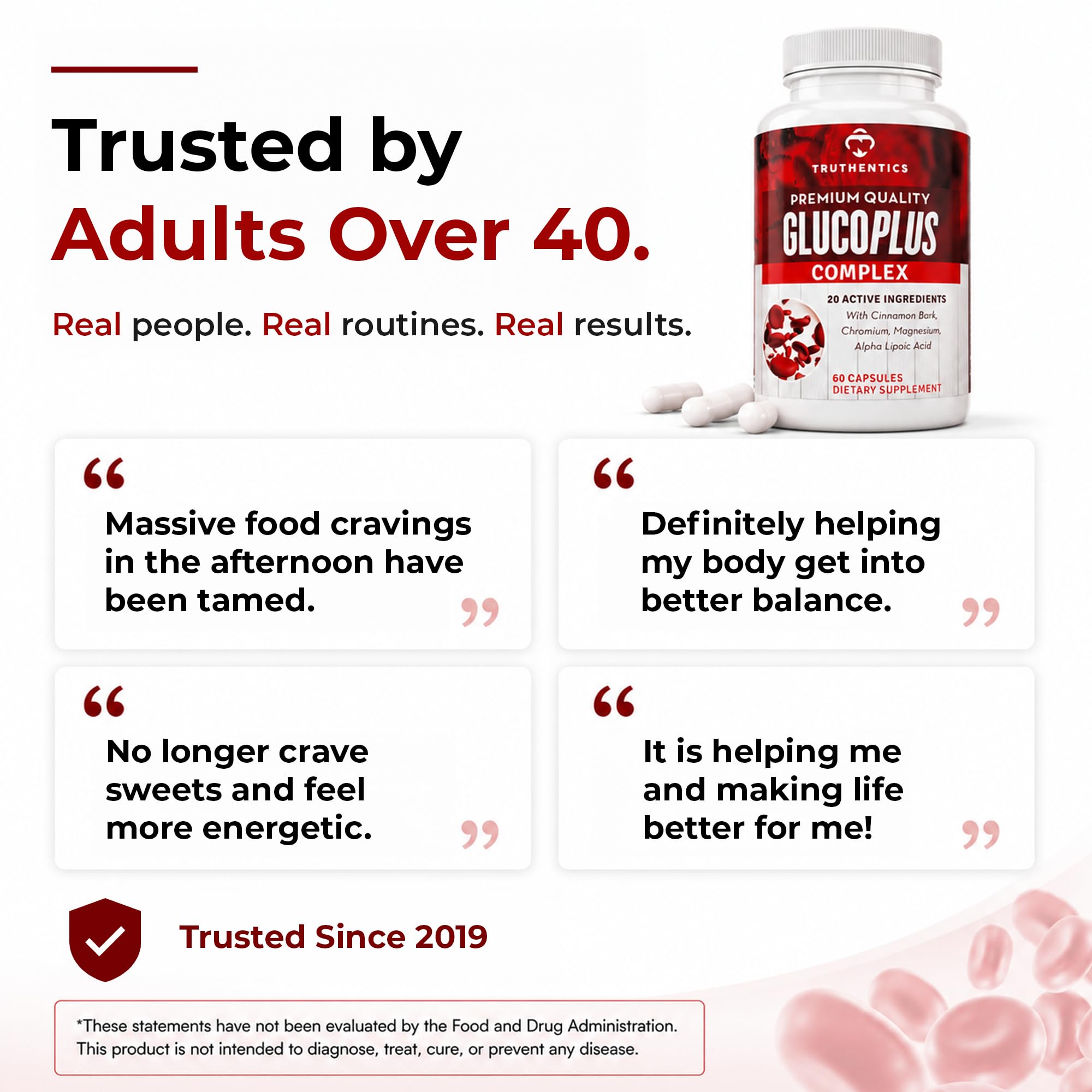 TRUTHENTICS GlucoPlus en una rutina matutina junto a un vaso de agua para adherencia