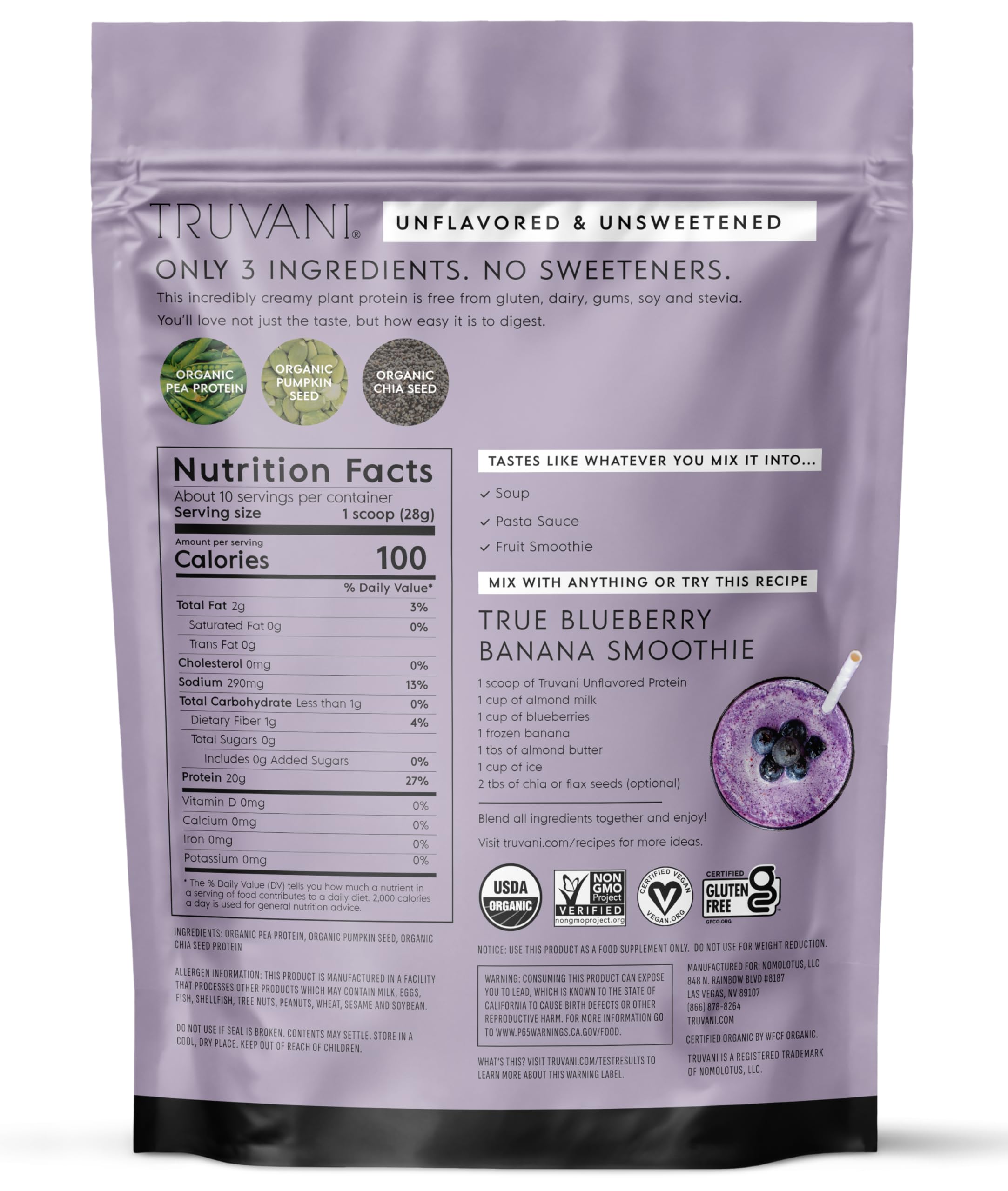 Truvani detalle de certificados USDA Organic y non-GMO para confianza