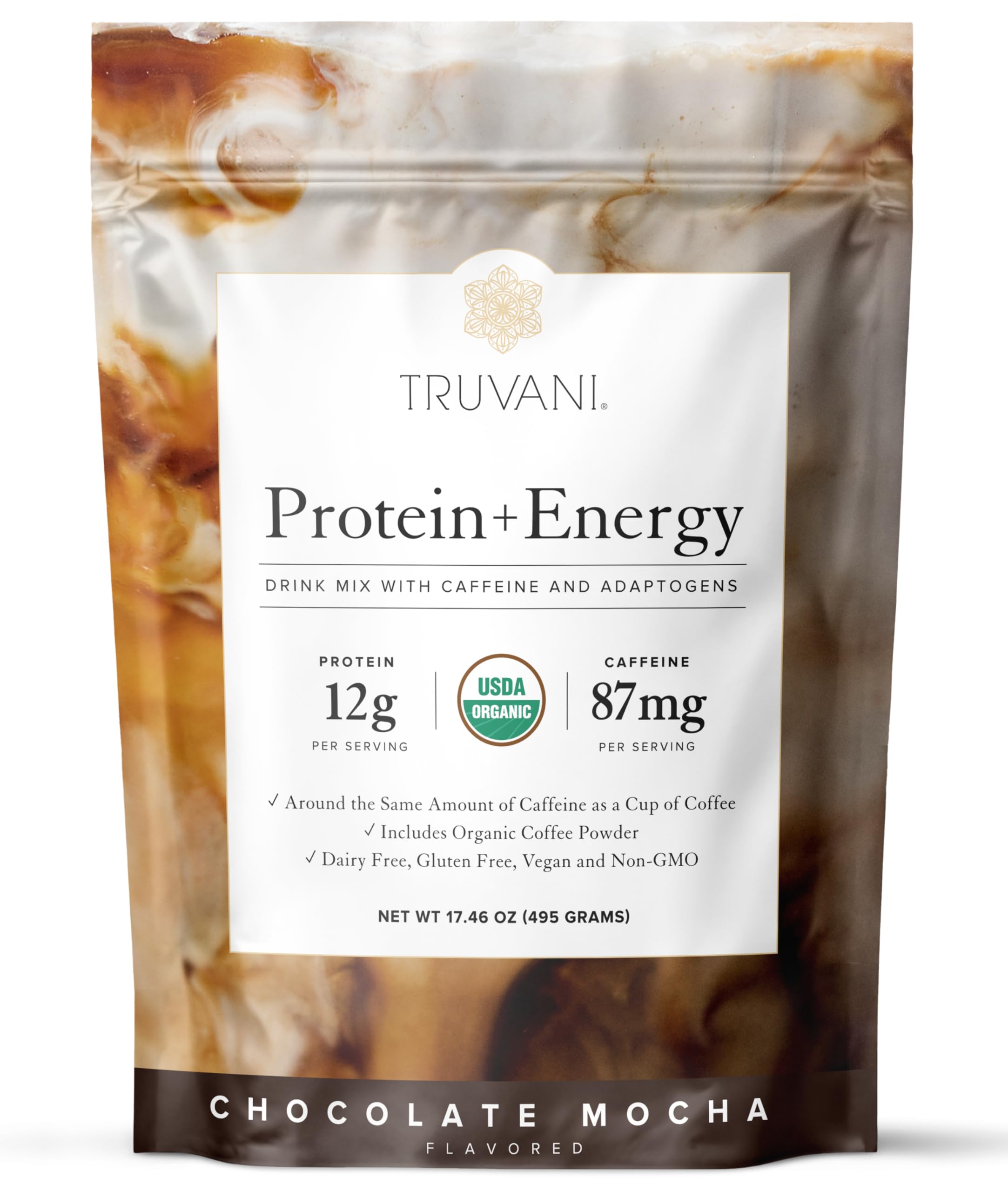 Truvani Chocolate Mocha frente del envase mostrando etiqueta clara y beneficios