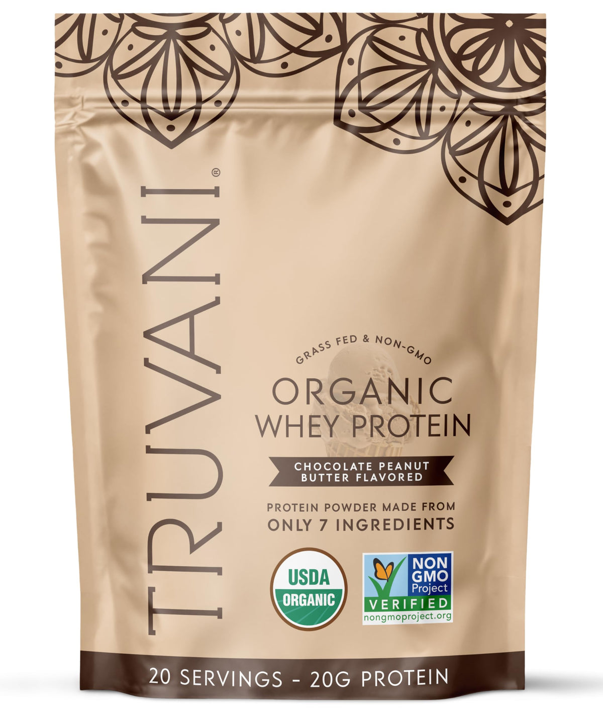 Truvani envase frontal Chocolate Peanut Butter mostrando la marca y beneficio proteína limpia
