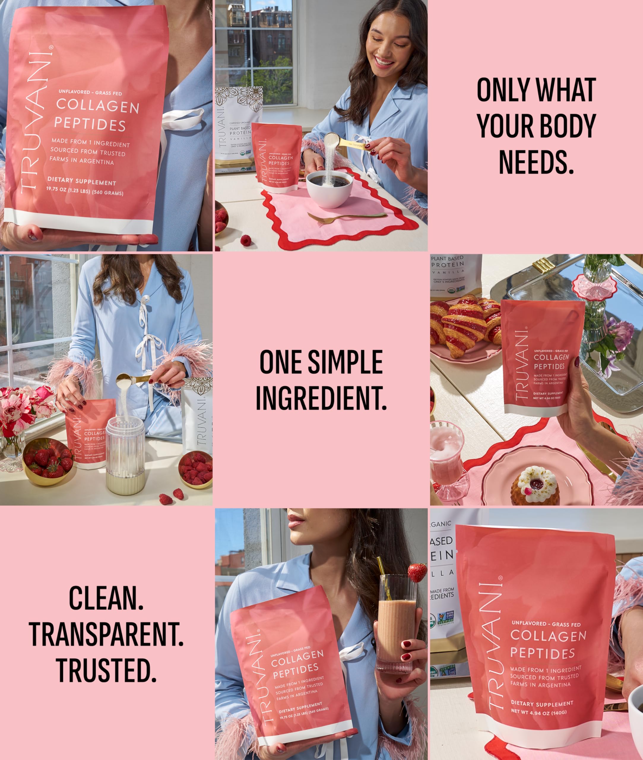 Etiqueta del producto Truvani con información de colágeno tipos 1 y 3, lectura clara de ingredientes