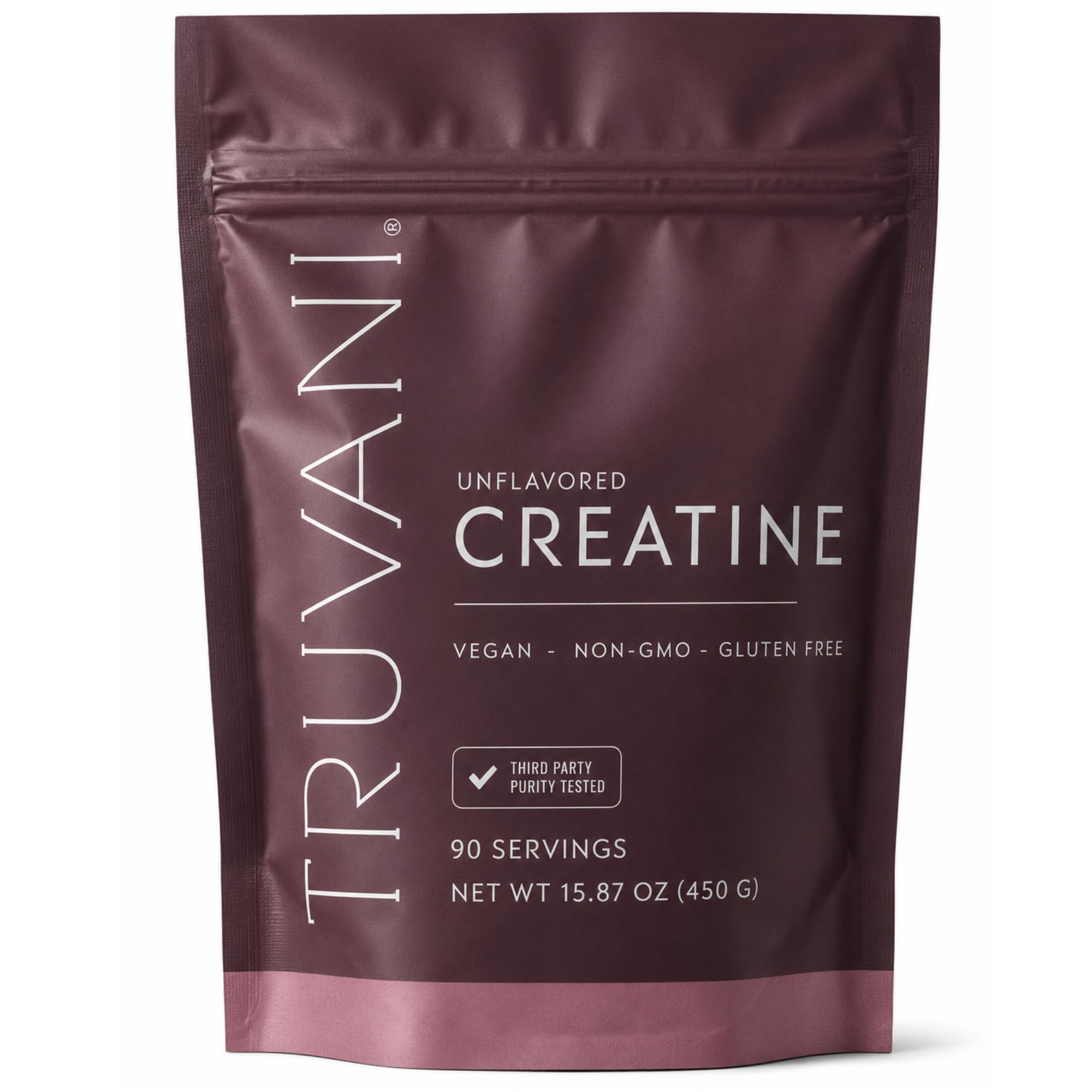 Truvani envase frontal de creatina monohidrato 90 servicios, pureza verificada