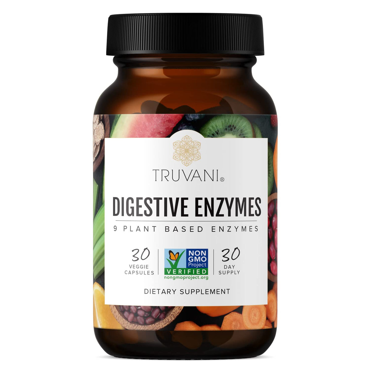 Truvani Digestive Enzymes frente del empaque mostrando diseño y beneficio de respaldo
