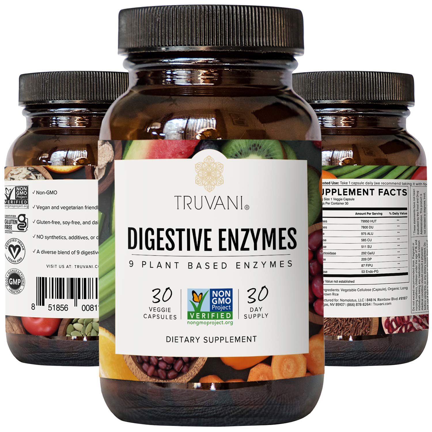 Truvani Digestive Enzymes etiqueta de ingredientes resaltando transparencia de la marca