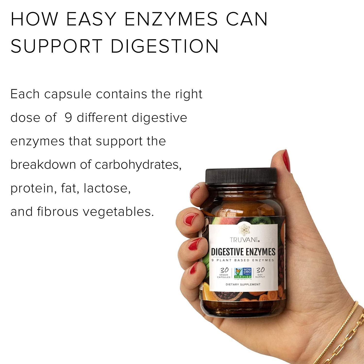 Truvani Digestive Enzymes junto a plato variado indicando apoyo digestivo en comidas