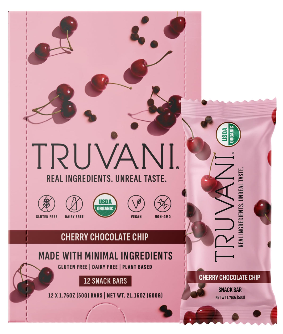 Truvani embalaje frontal cherry chocolate chip muestra diseño y conveniencia