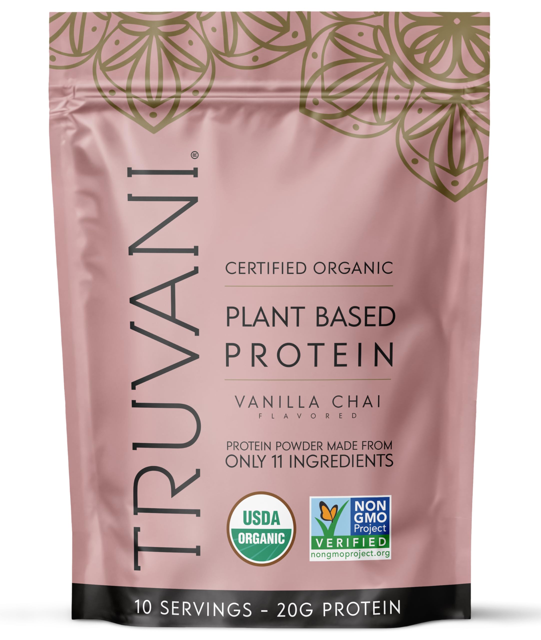 Truvani envase frontal mostrando sabor vainilla chai y beneficios limpios