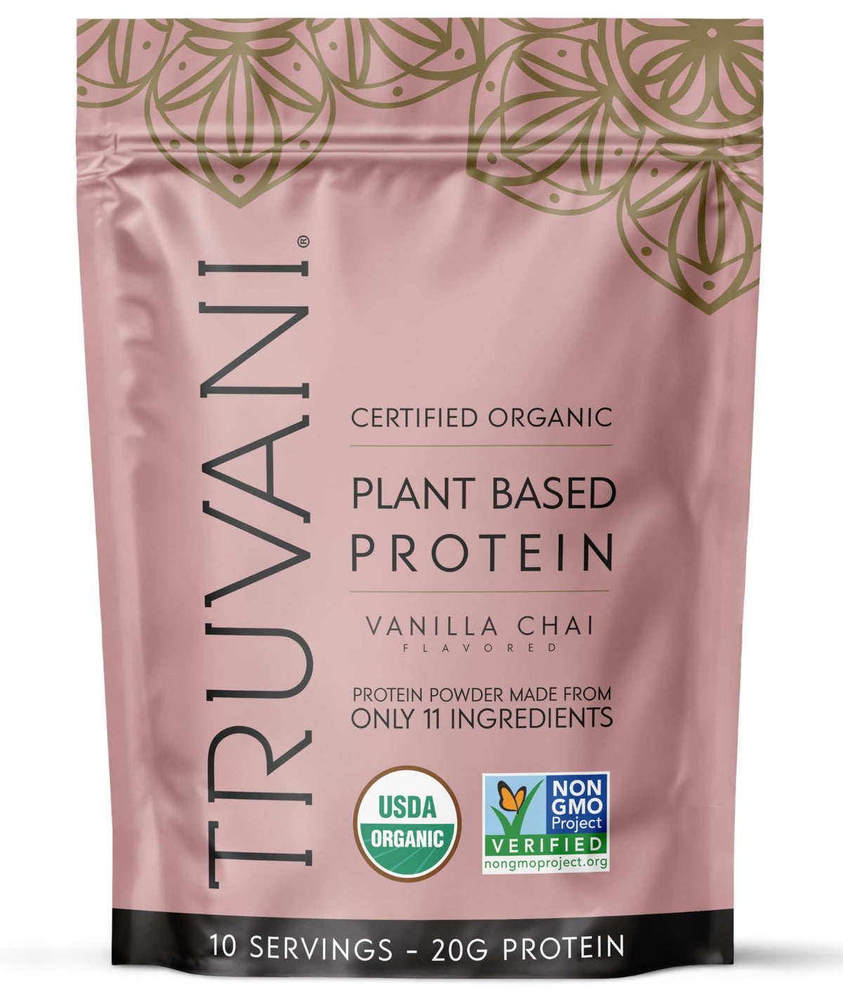 Truvani envase frontal mostrando sabor vainilla chai y beneficios limpios