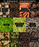 Truvani ingredientes orgánicos dispuestos, evidencia de calidad y origen