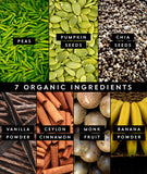 Truvani ingredientes orgánicos: guisante, calabaza y chía en mesa