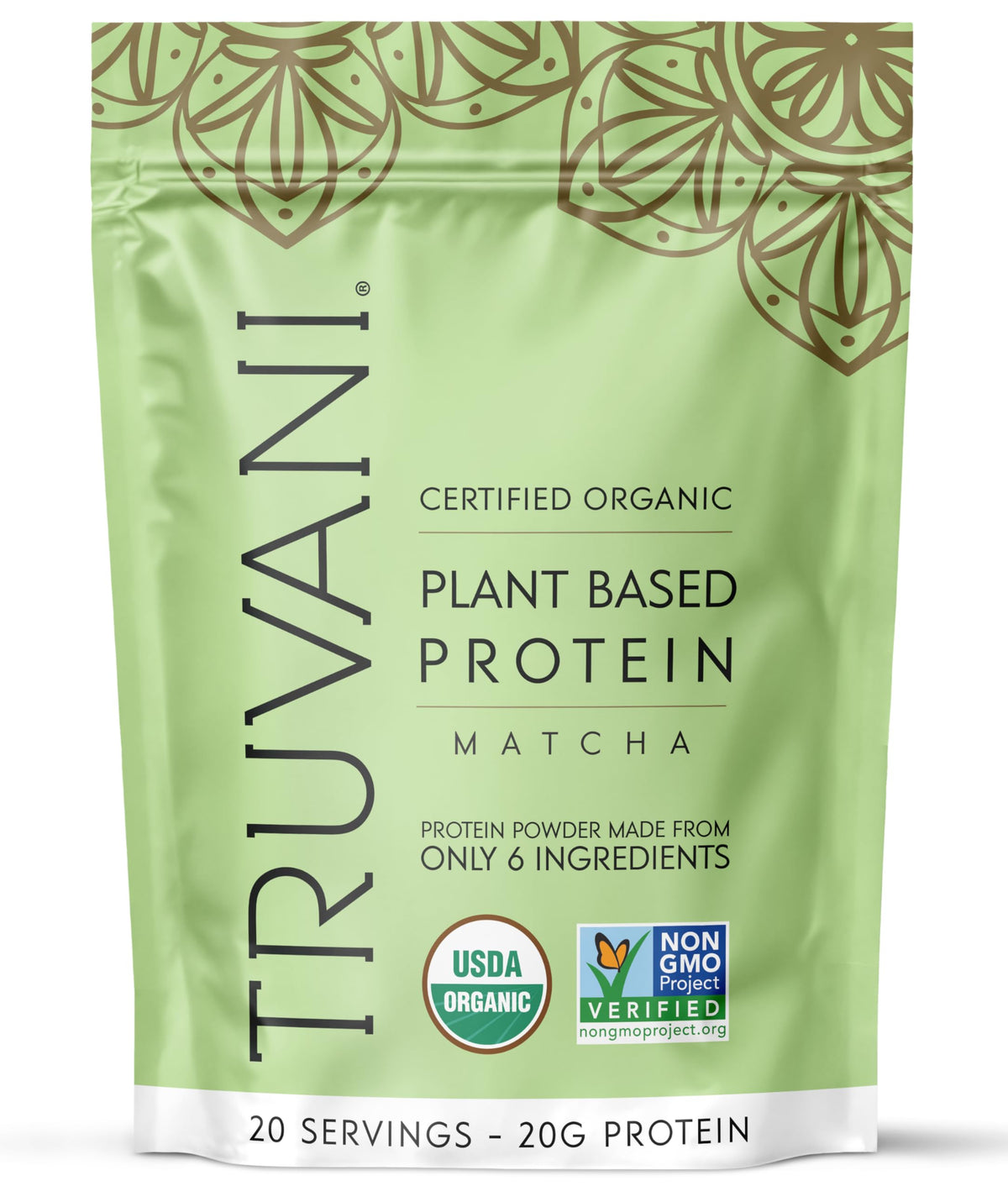 Truvani empaque frontal matcha mostrando diseño y raciones