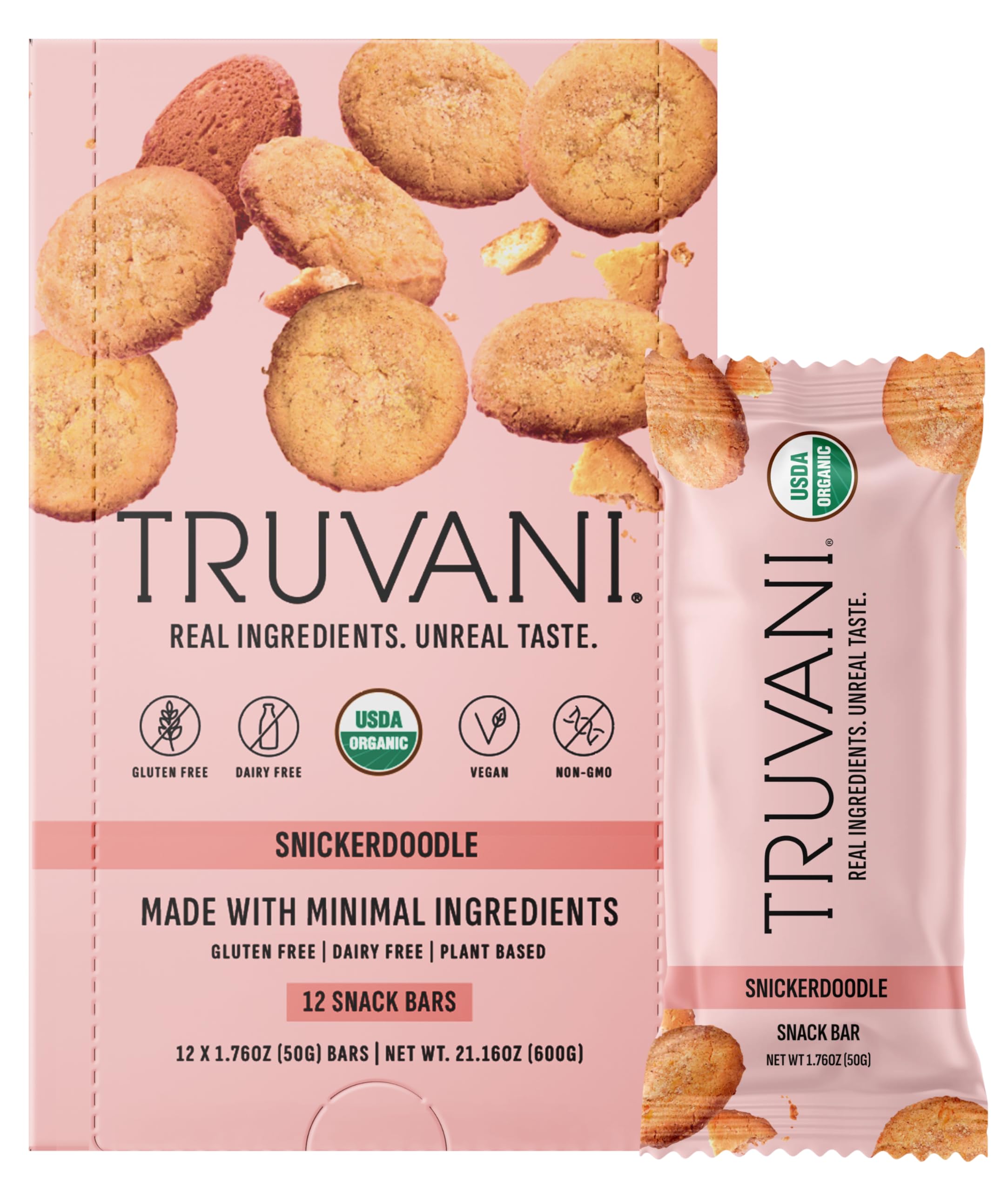 Truvani empaque frontal del pack de 12 muestra certificación orgánica y conveniencia