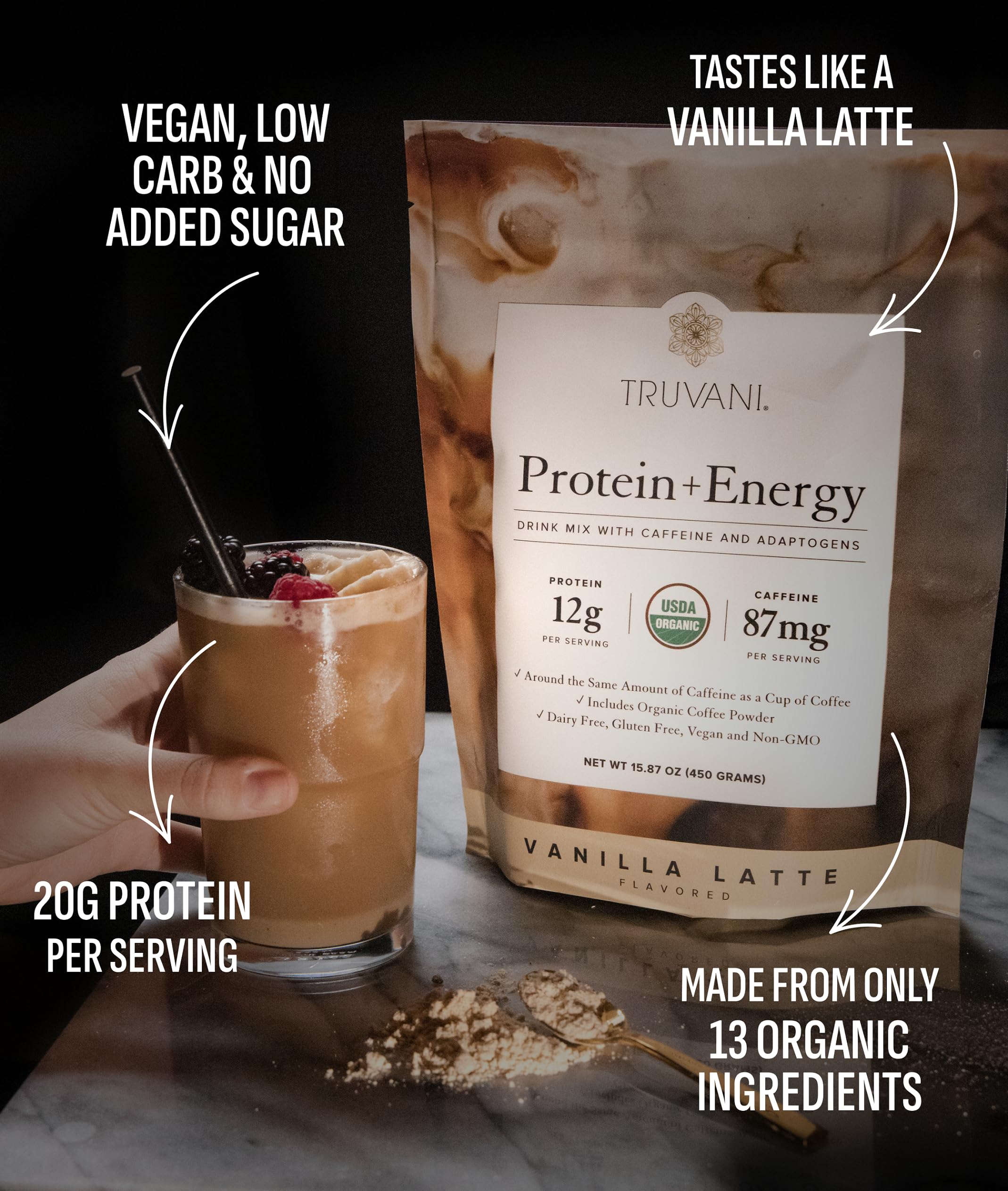 Truvani batido vainilla latte servido listo para beber, energía deliciosa