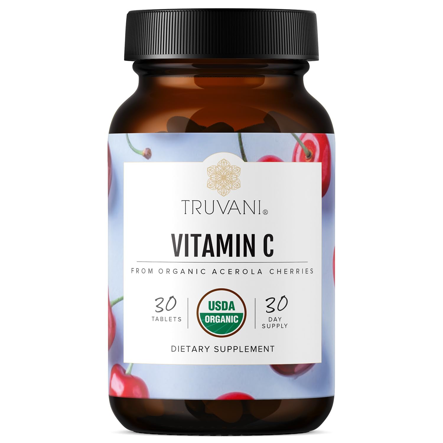 Truvani vitamina C frente del envase con sello orgánico, claridad de ingredientes