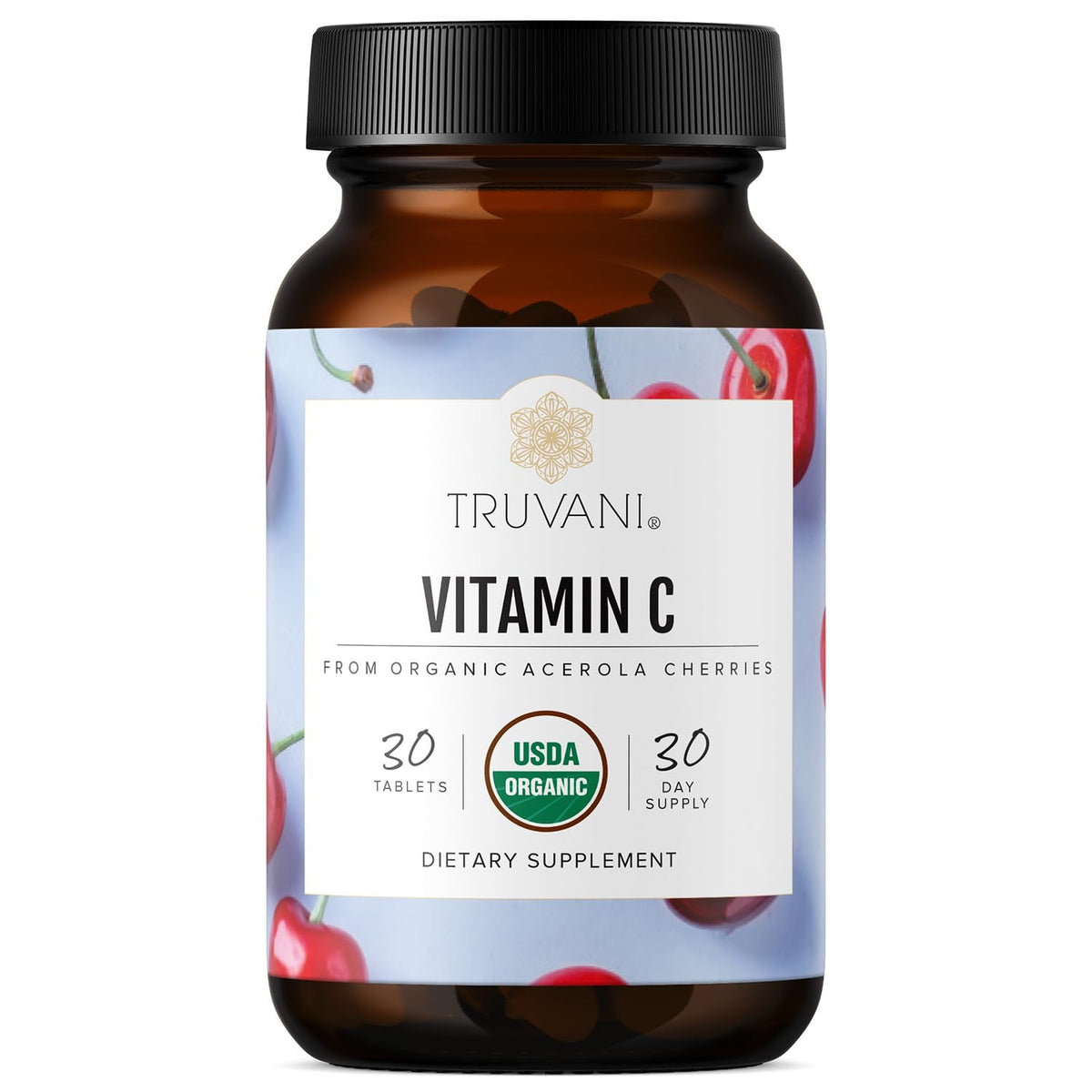 Truvani vitamina C frente del envase con sello orgánico, claridad de ingredientes