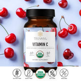Truvani vitamina C polvo detalle de textura, muestra pureza y mezcla fácil