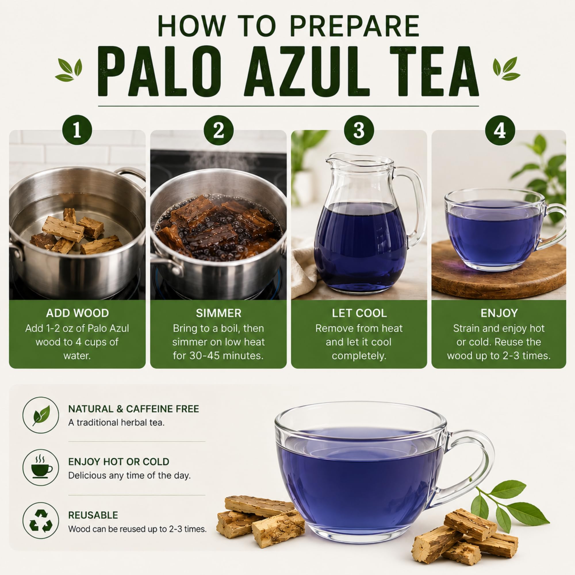 Tu Salud Plus taza humeante de palo azul, calentando un momento de calma