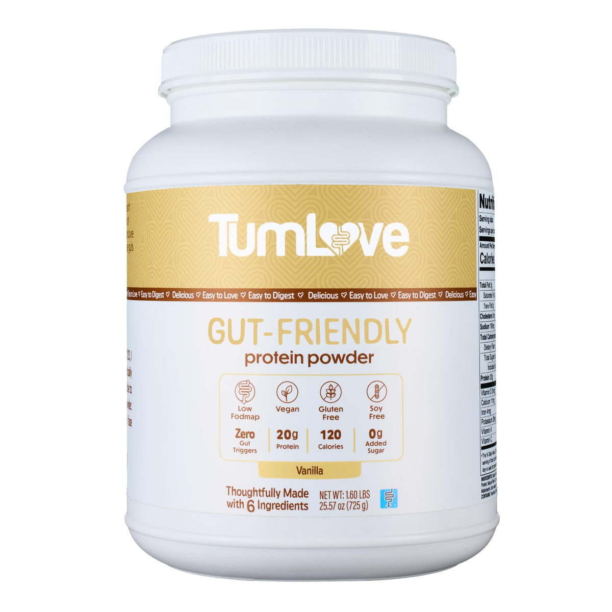 TumLove empaque frontal vainilla mostrando sello Low FODMAP y beneficio digestivo