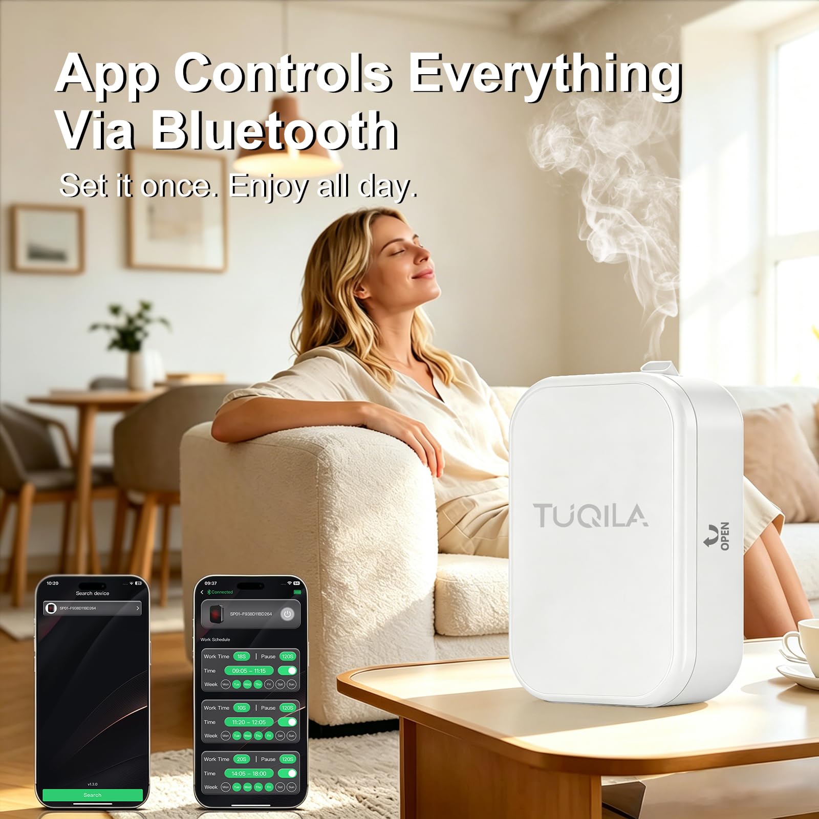 Tuqila difusor junto a objetos para escala mostrando tamaño compacto y versatilidad