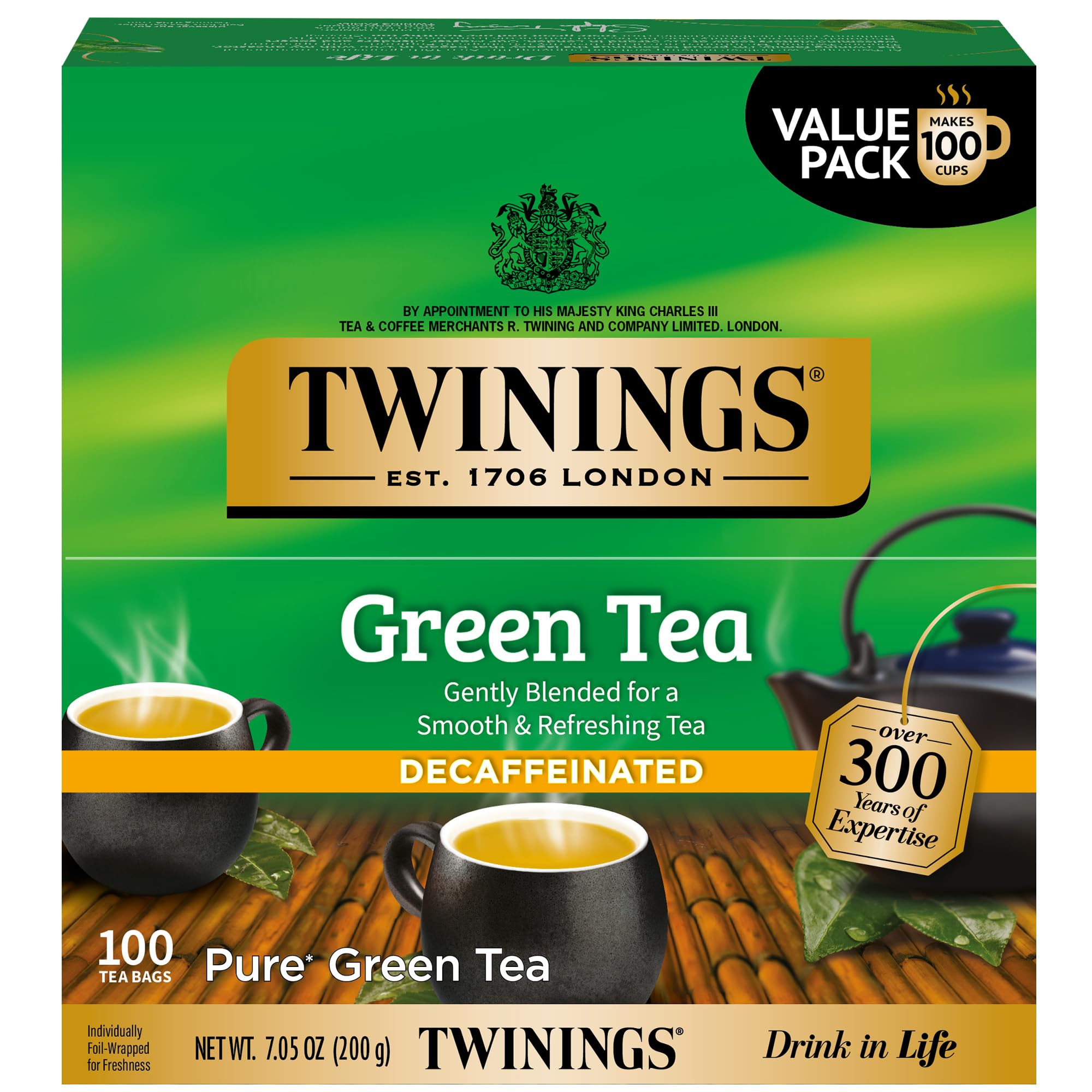 Twinings frente del empaque mostrando 100 bolsitas y beneficio de conveniencia