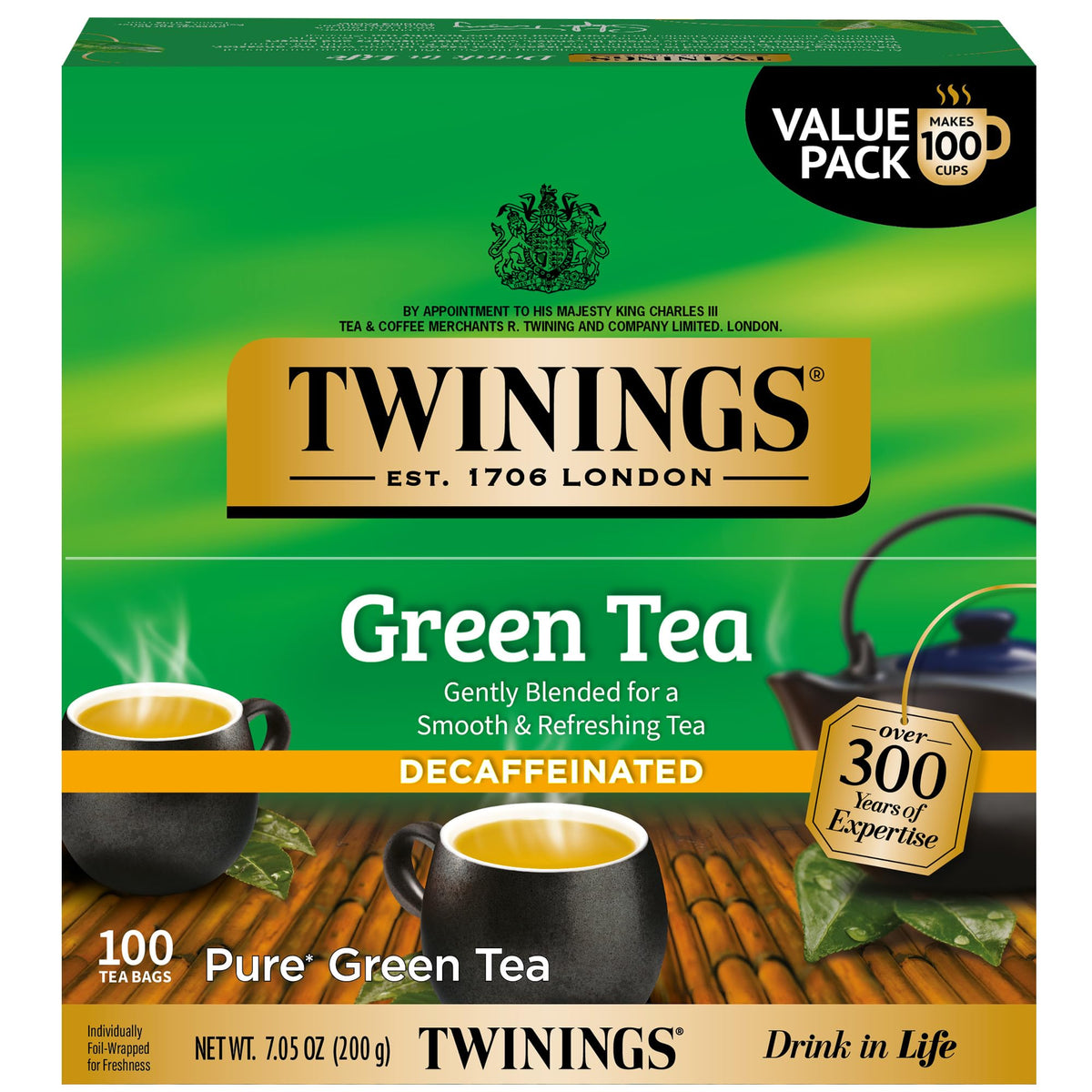 Twinings frente del empaque mostrando 100 bolsitas y beneficio de conveniencia