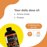 Twinlab Amino Fuel detalle de etiqueta con instrucciones y beneficios visibles
