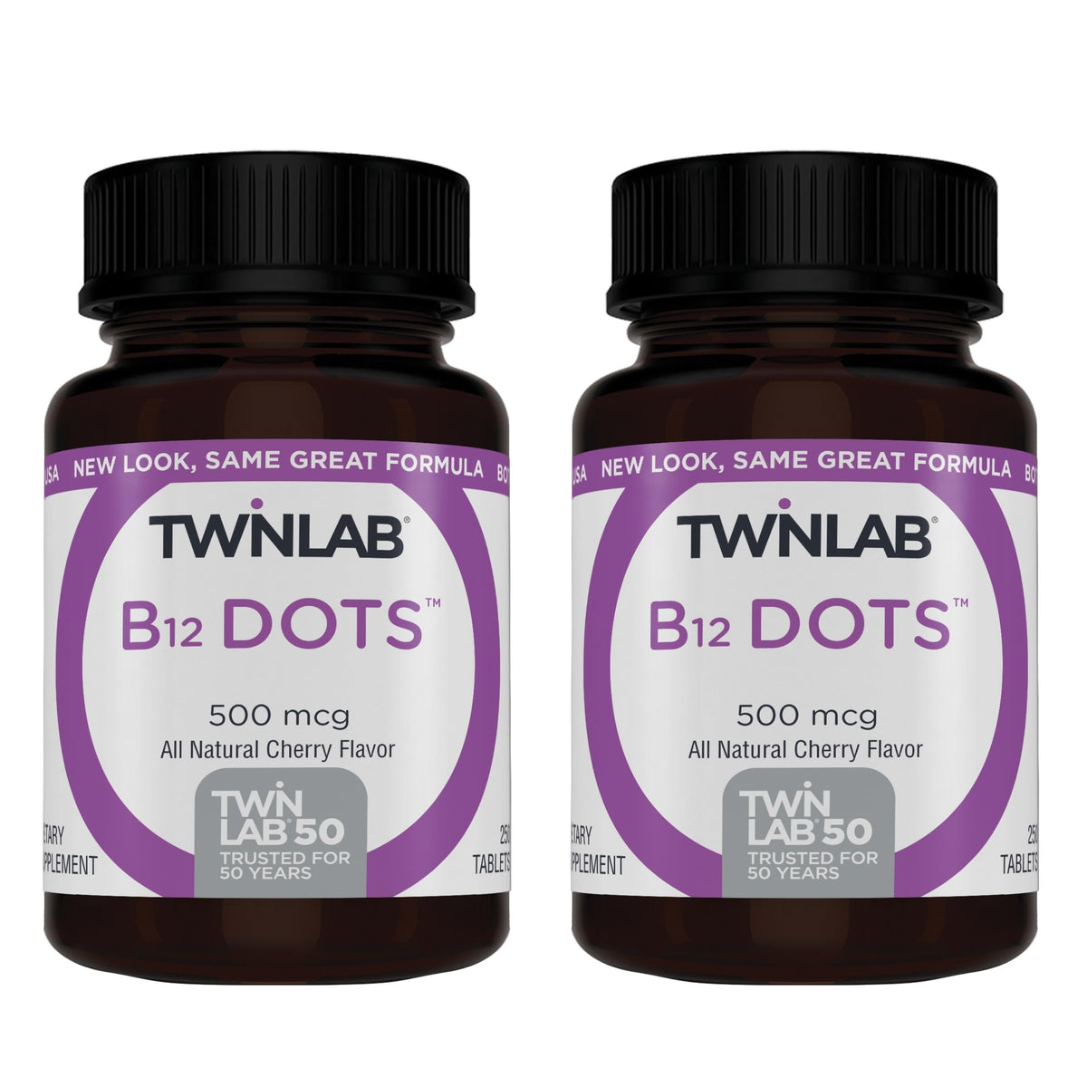 Twinlab frasco frontal con etiquetas claras y beneficio de suministro prolongado