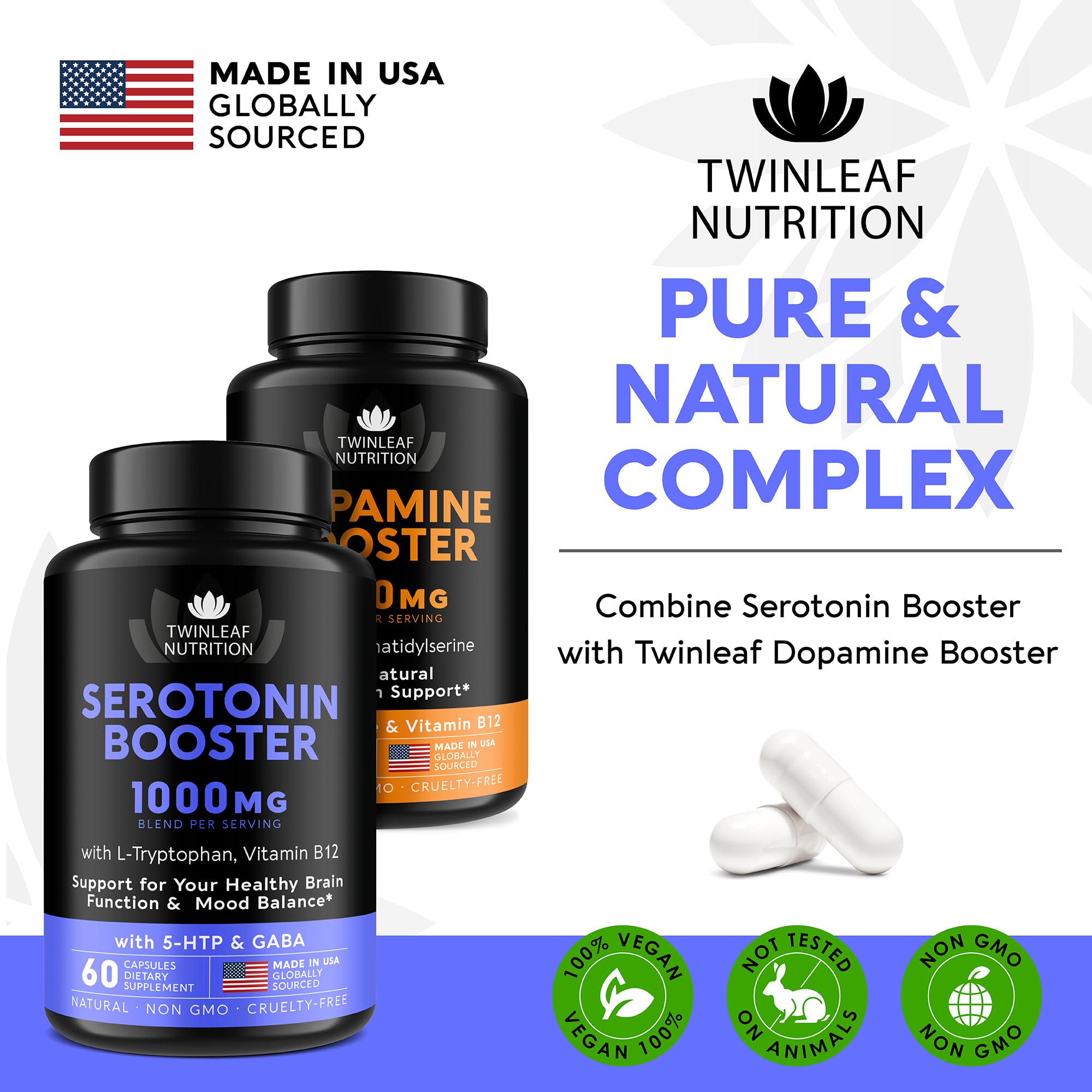 TWINLEAF NUTRITION etiqueta de manufactura EE. UU. que transmite calidad