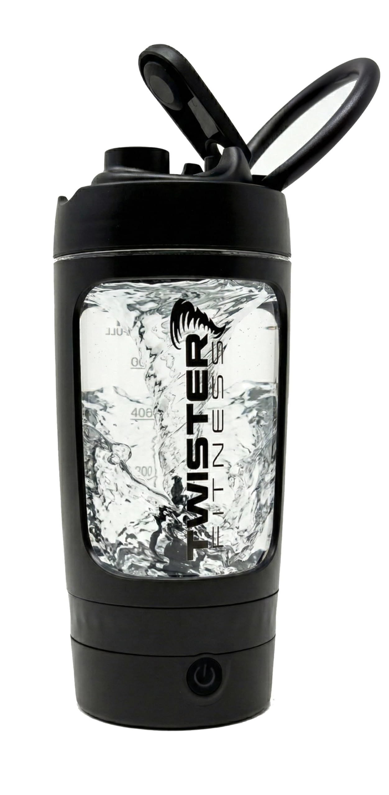 Twister Fitness vista frontal de la coctelera negra, mezcla rápida y portátil
