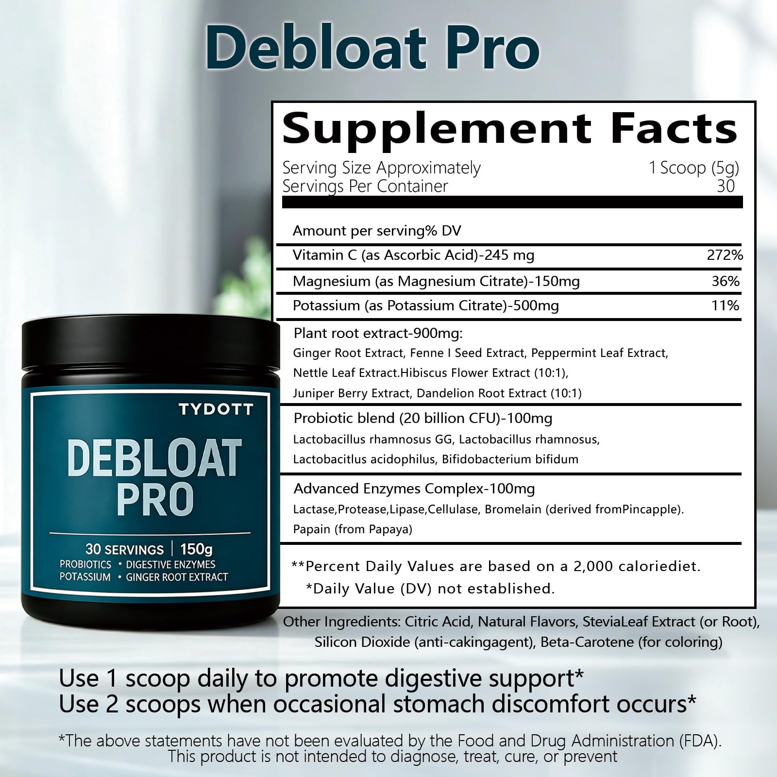 TYDOTT Debloat Pro etiqueta de ingredientes, información clara para decisiones seguras