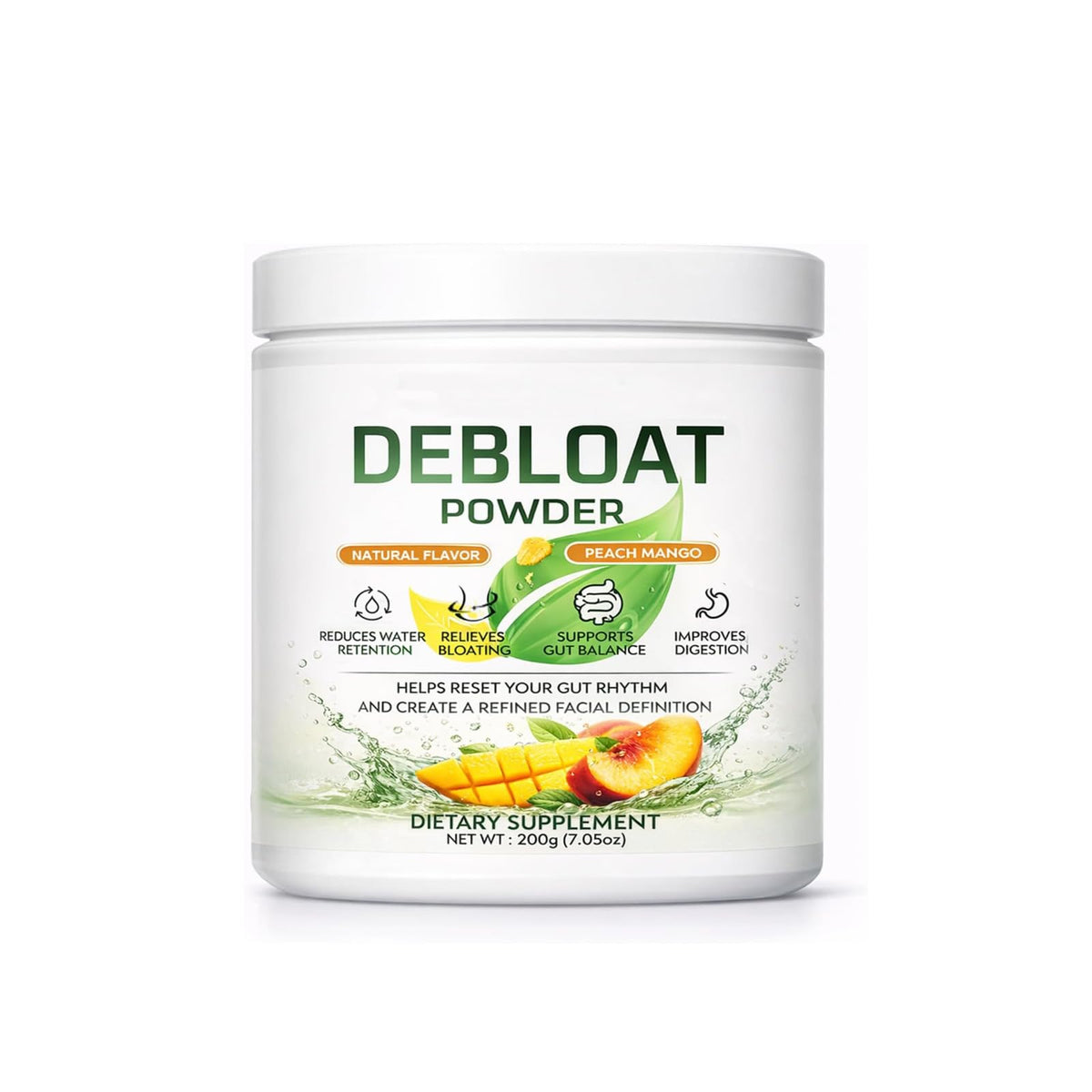 TYDOTT envase frontal Debloat Powder 200g mostrando diseño y tamaño