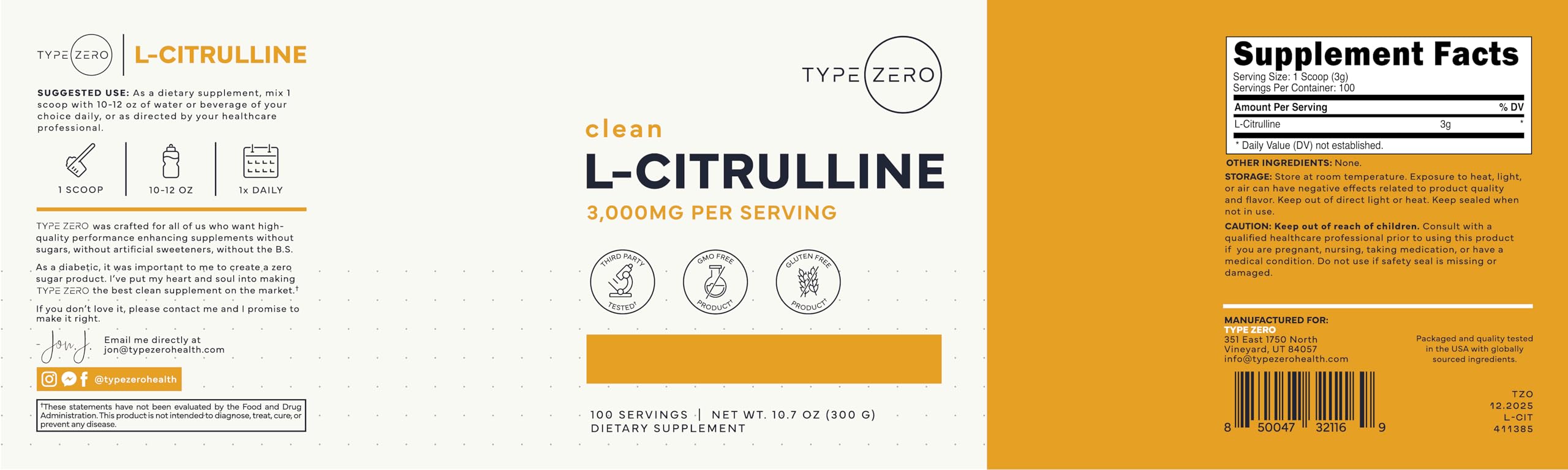 Type Zero etiqueta detallada con ingredientes y certificaciones GMP, confianza en calidad