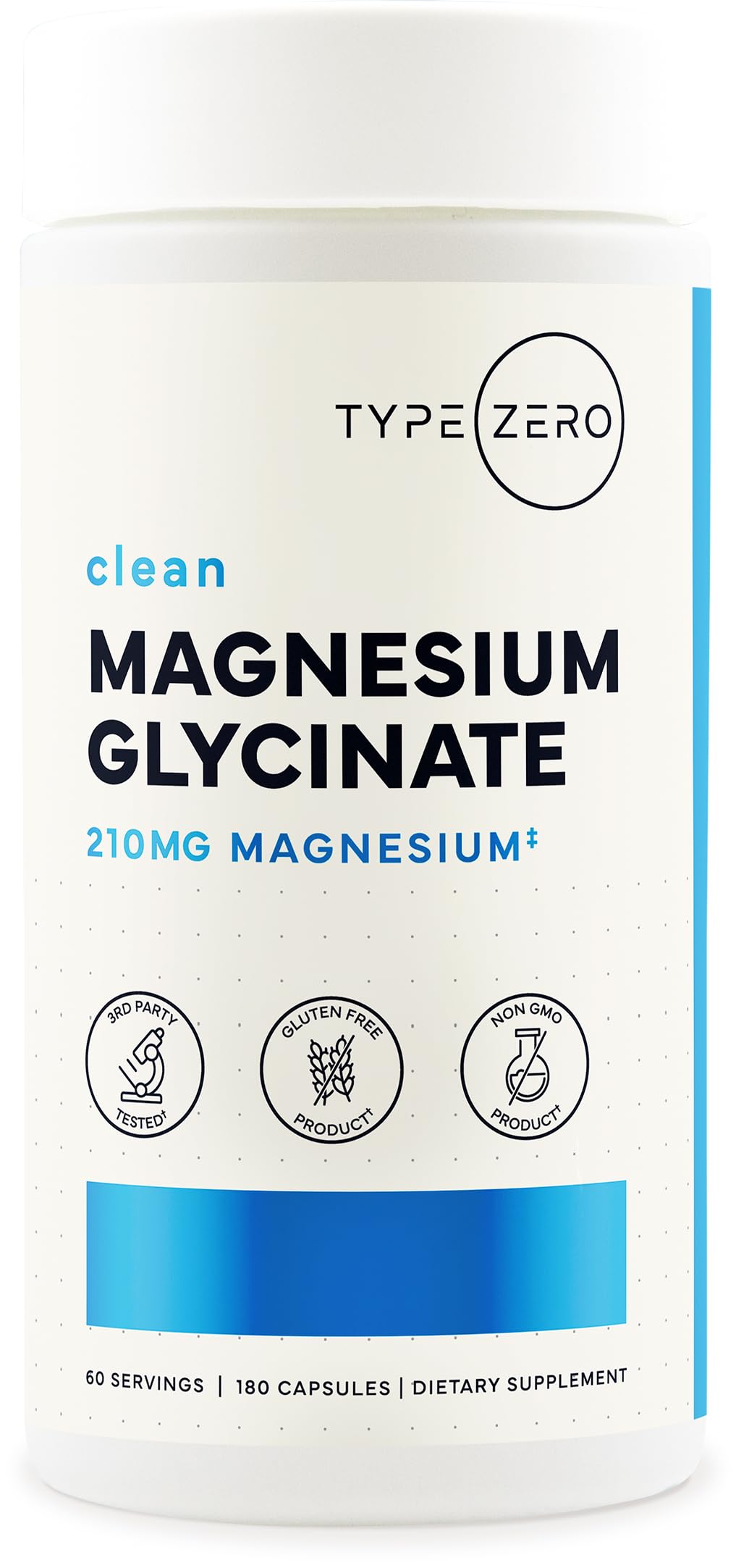 Type Zero envase frontal de Magnesium Glycinate mostrando cantidad y pureza