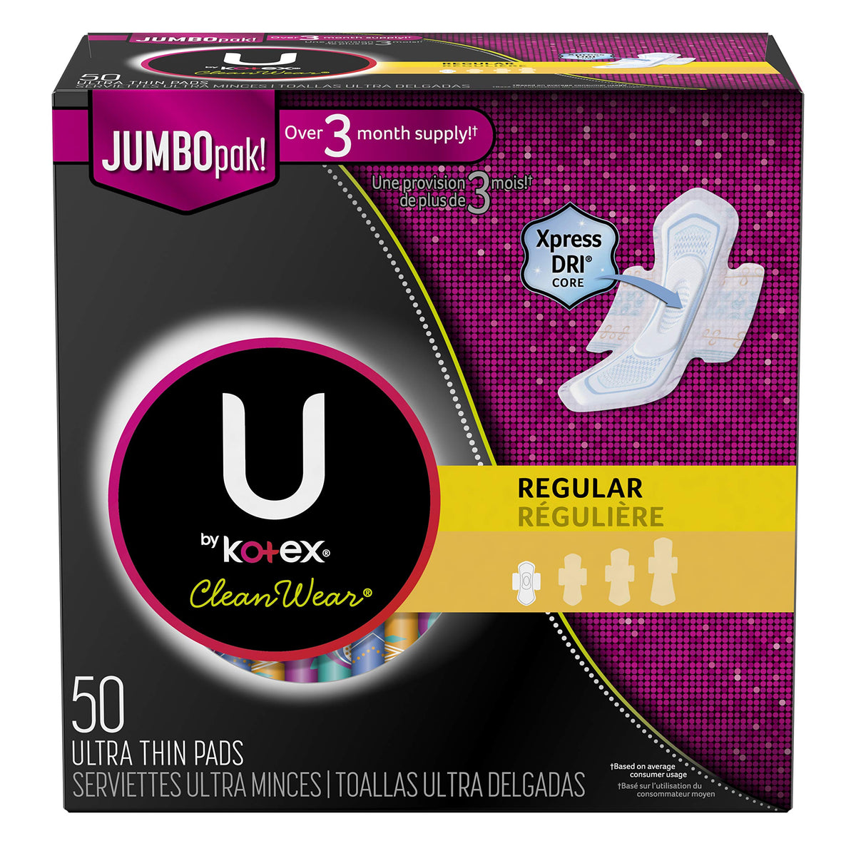 U by Kotex frente del empaque mostrando 50 toallas, beneficio de almacenamiento y discreción