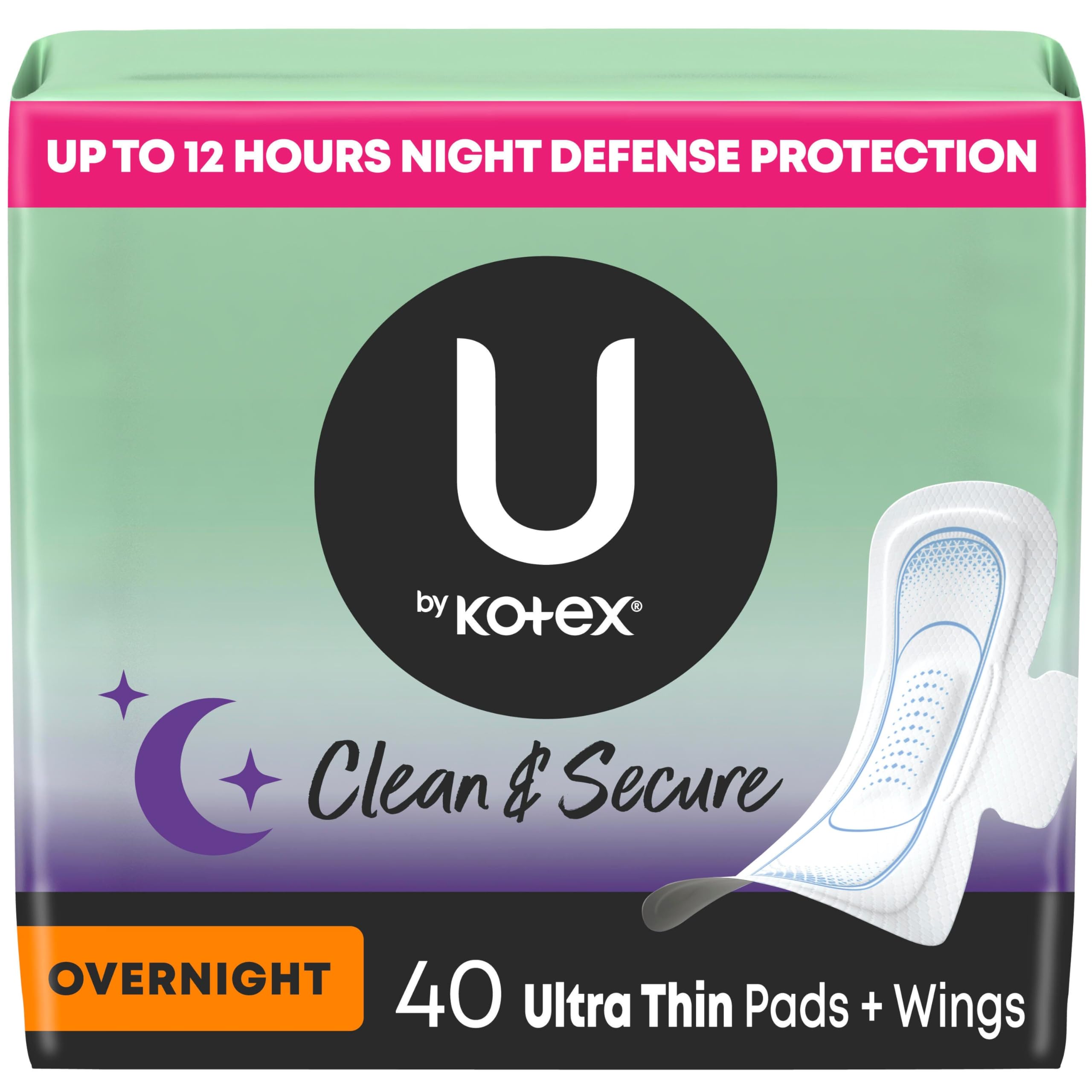 U by Kotex frontal del empaque mostrando cantidad y diseño, ofrece protección nocturna