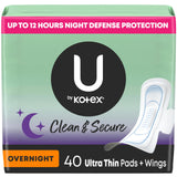 U by Kotex frontal del empaque mostrando cantidad y diseño, ofrece protección nocturna